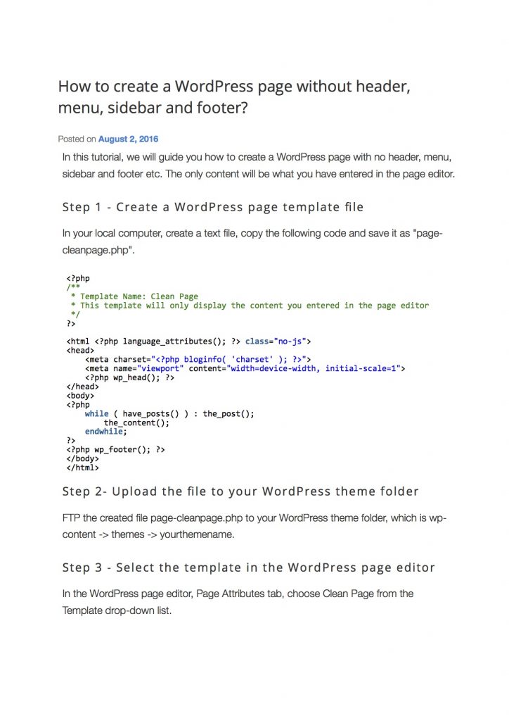 How to create a WordPress page without header menu sidebar and footer ...
